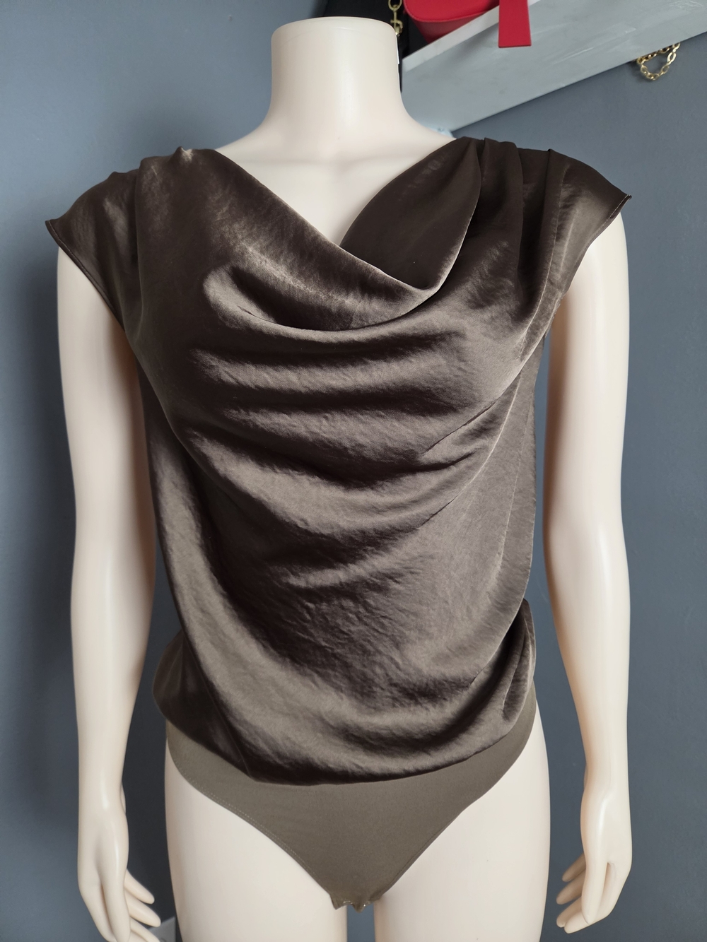 Express Satin Cowl Neck Bodysuit in Olive Brown